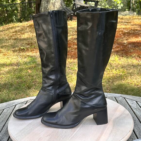 St Paul Black Leather Tall Boots Women’s Size 8M Block Heel Made in Brazil - Picture 1 of 12